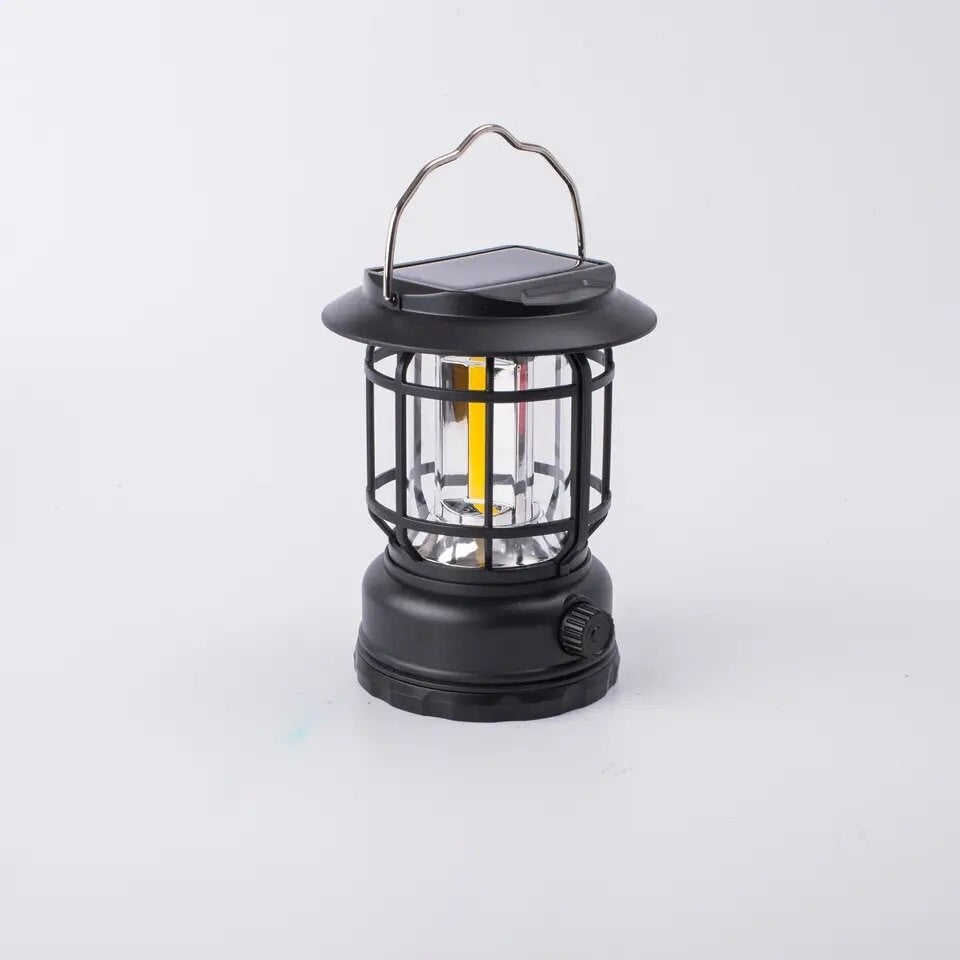 Lampa portabila camping, Felinar Vintage, ABS, Iluminare 30 COB LED, Intensitate reglabila, Acumulator inclus, Incarcare Solara si USB, 5W, Flippy, Negru-2