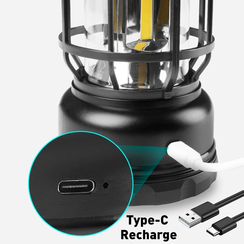 Lampa portabila camping, Felinar Vintage, ABS, Iluminare 30 COB LED, Intensitate reglabila, Acumulator inclus, Incarcare Solara si USB, 5W, Flippy, Negru-3