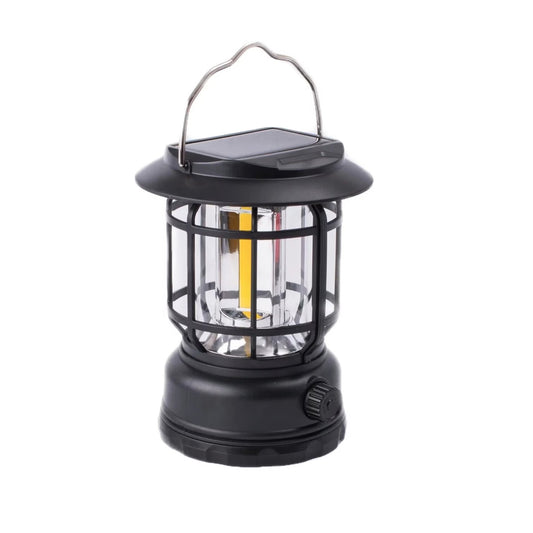 Lampa portabila camping, Felinar Vintage, ABS, Iluminare 30 COB LED, Intensitate reglabila, Acumulator inclus, Incarcare Solara si USB, 5W, Flippy, Negru-0