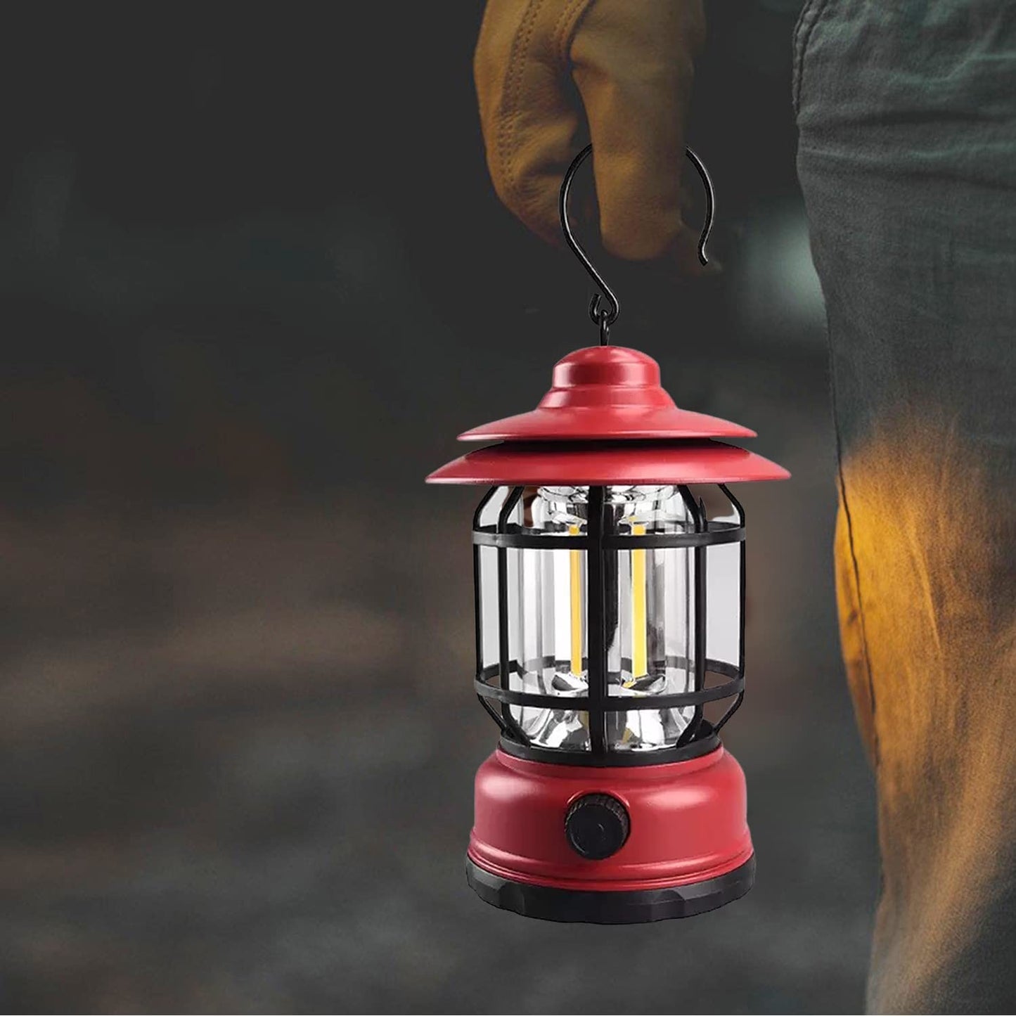 Lampa portabila camping, Felinar Vintage cu carlig, ABS, Iluminare 21 COB LED, Intensitate reglabila, 5W, Flippy, Rosu-3