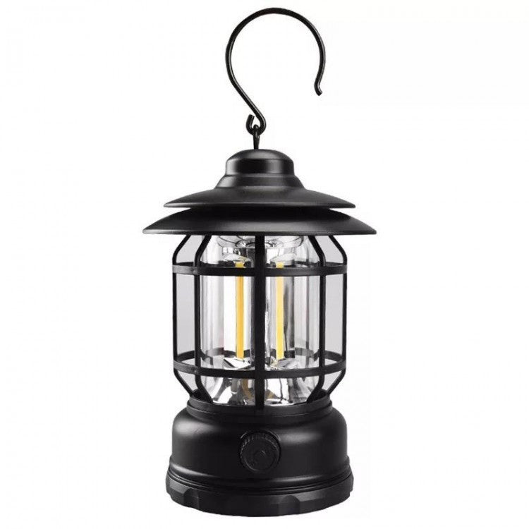 Lampa portabila camping, Felinar Vintage cu carlig, ABS, Iluminare 21 COB LED, Intensitate reglabila, 5W, Flippy, Negru-0