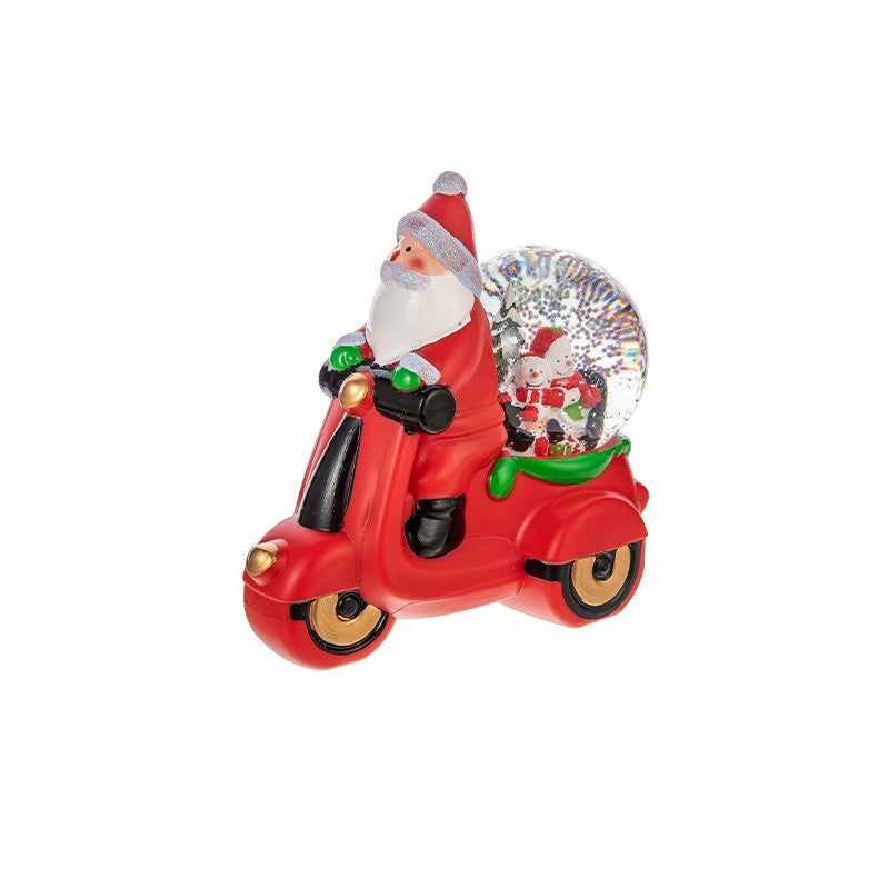 Decoratiune Craciun, Tip Motocicleta, Glob 10 cm, Figurine Mos Craciun, 3 Moduri, Functie Muzicala, Zapada in Miscare, Functioneaza Cu Baterii ( 3 x AAA neincluse), Cablu USB (Inclus), Model Rosu, 20 x 11.5 x 20 cm, Alb Cald-2