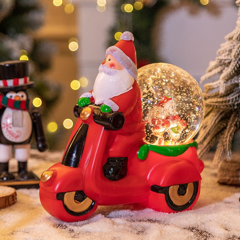 Decoratiune Craciun, Tip Motocicleta, Glob 10 cm, Figurine Mos Craciun, 3 Moduri, Functie Muzicala, Zapada in Miscare, Functioneaza Cu Baterii ( 3 x AAA neincluse), Cablu USB (Inclus), Model Rosu, 20 x 11.5 x 20 cm, Alb Cald-0
