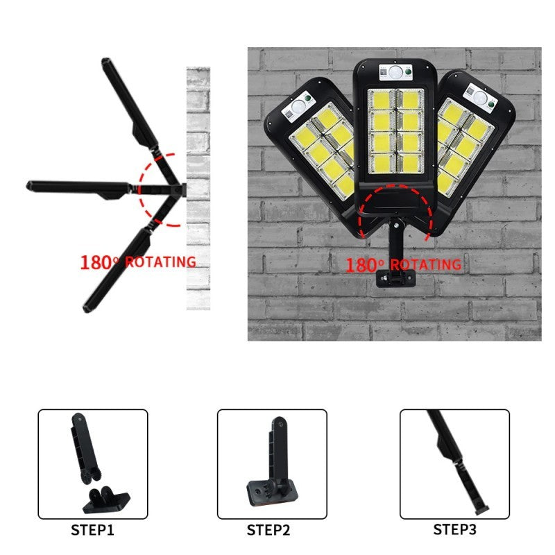 Lampa Solara De Exterior LED Flippy, 36 cm x 11.5 cm, kit montare inclus, 2880 Lumeni 120 COB LED 24 W - echivalent 192 W bec incadescent, IP65, Senzor de Miscare, 3 moduri de iluminare, Senzor de Lumina, 12 Grile, Alb Rece-1