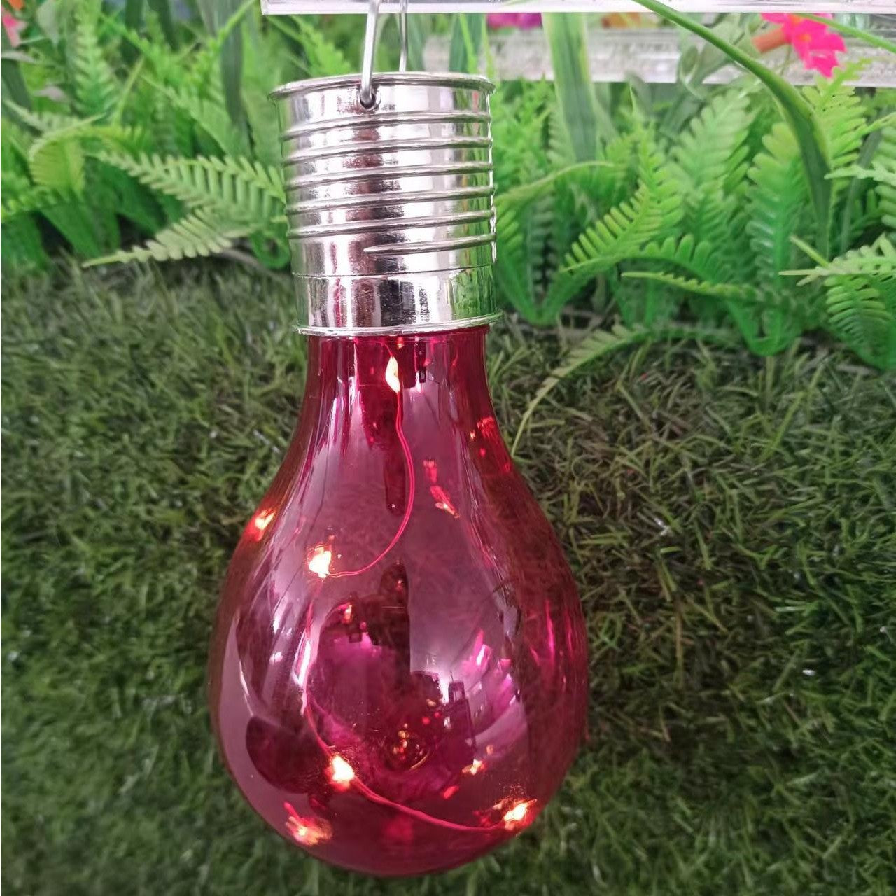 Lampa Solara LED Decorativa sub forma de Bulb, pentru exterior, suspendata, IP65, Ultron Rosu, Flippy-3