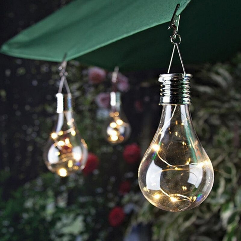 Lampa Solara LED Decorativa sub forma de Bulb, pentru exterior, suspendata, IP65, Ultron Transparent, lumina calda, Flippy