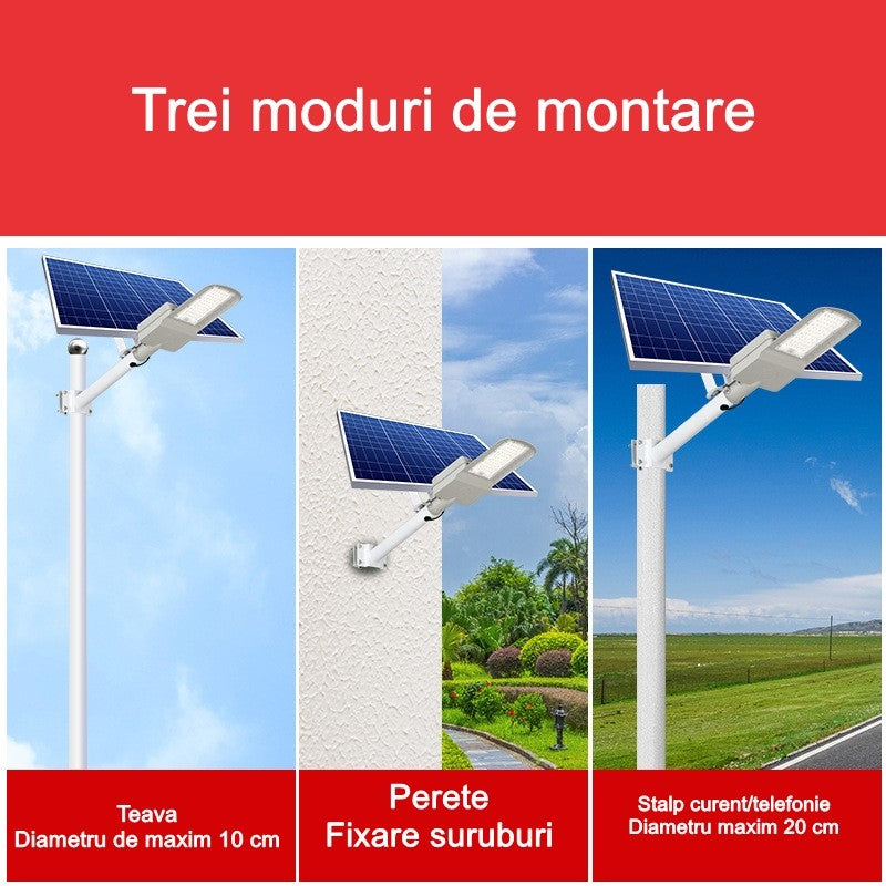 Lampa solara pentru strada sau gradina Flippy, IP65, senzor de lumina, 100 LED-uri SMD, 3150 lm, 500W autonomie 12-16 ore, telecomanda, montare prin fixare, pentru strada sau gradina, finisaj mat, material ABS, 51.5 x 21 x 7.5, lumina alb rece, -6
