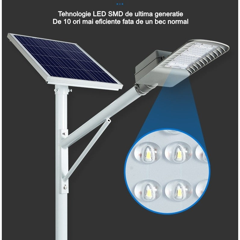 Lampa solara pentru strada sau gradina Flippy, IP65, senzor de lumina, 100 LED-uri SMD, 3150 lm, 500W autonomie 12-16 ore, telecomanda, montare prin fixare, pentru strada sau gradina, finisaj mat, material ABS, 51.5 x 21 x 7.5, lumina alb rece, -7