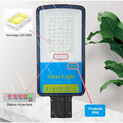 Lampa solara stradala Flippy, IP66, senzor de lumina, 120 LED-uri SMD, 1800 lm, panou 20W, putere 100W, autonomie 12-16 ore, telecomanda, montare prin fixare, pentru strada sau gradina, finisaj mat, material ABS,  49 x 21 x 5.5 cm, gri-2