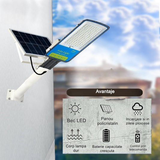 Lampa solara stradala Flippy, IP66, senzor de lumina, 240 LED-uri SMD, 3200 lm, panou 35W, putere 400W, autonomie 12-16 ore, telecomanda, montare prin fixare, pentru strada sau gradina, finisaj mat, material ABS,  49 x 21 x 5.5 cm, gri-1