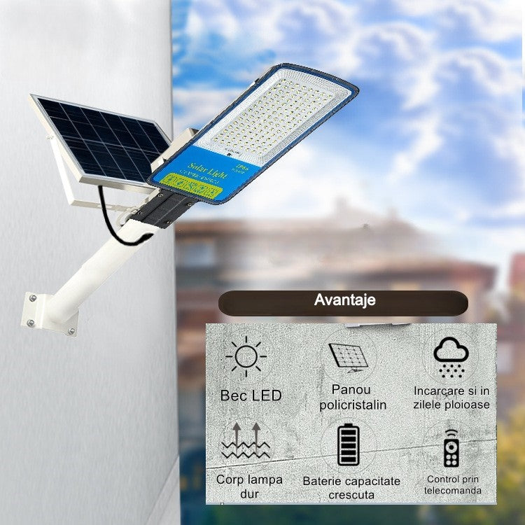 Lampa solara stradala Flippy, IP66, senzor de lumina, 240 LED-uri SMD, 3200 lm, panou 35W, putere 400W, autonomie 12-16 ore, telecomanda, montare prin fixare, pentru strada sau gradina, finisaj mat, material ABS,  49 x 21 x 5.5 cm, gri-1