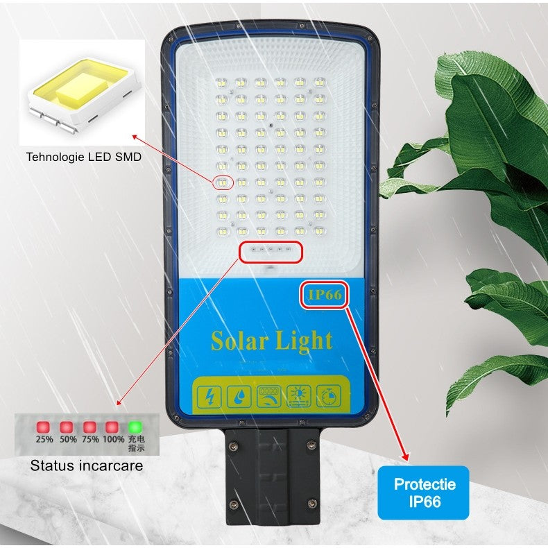 Lampa solara stradala Flippy, IP66, senzor de lumina, 240 LED-uri SMD, 3200 lm, panou 35W, putere 400W, autonomie 12-16 ore, telecomanda, montare prin fixare, pentru strada sau gradina, finisaj mat, material ABS,  49 x 21 x 5.5 cm, gri-2