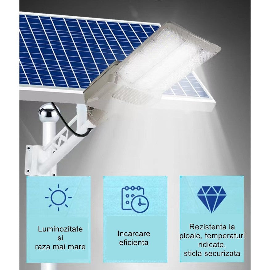 Lampa solara stradala Flippy, pentru curte sau strada, cu doua grile, finisaj mat, rezistent la apa, montare prin fixare, senzor lumina, baterie de litiu, IP65, lumina rece, putere 300W, autonomie 10 ore, 51.5 x 21 cm, gri-7