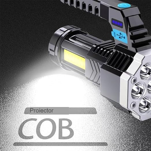 Lanterna LED Lumina Puternica, Rezistenta la Apa, Tip Proiector COB, Flippy, Lanternă Reincarcabila, USB, cu Maner pentru Drumetii, Lanterna de Urgenta, Aer Liber, 14.1 x 6.4 cm, Culoare Negru cu Comutator Albastru-2