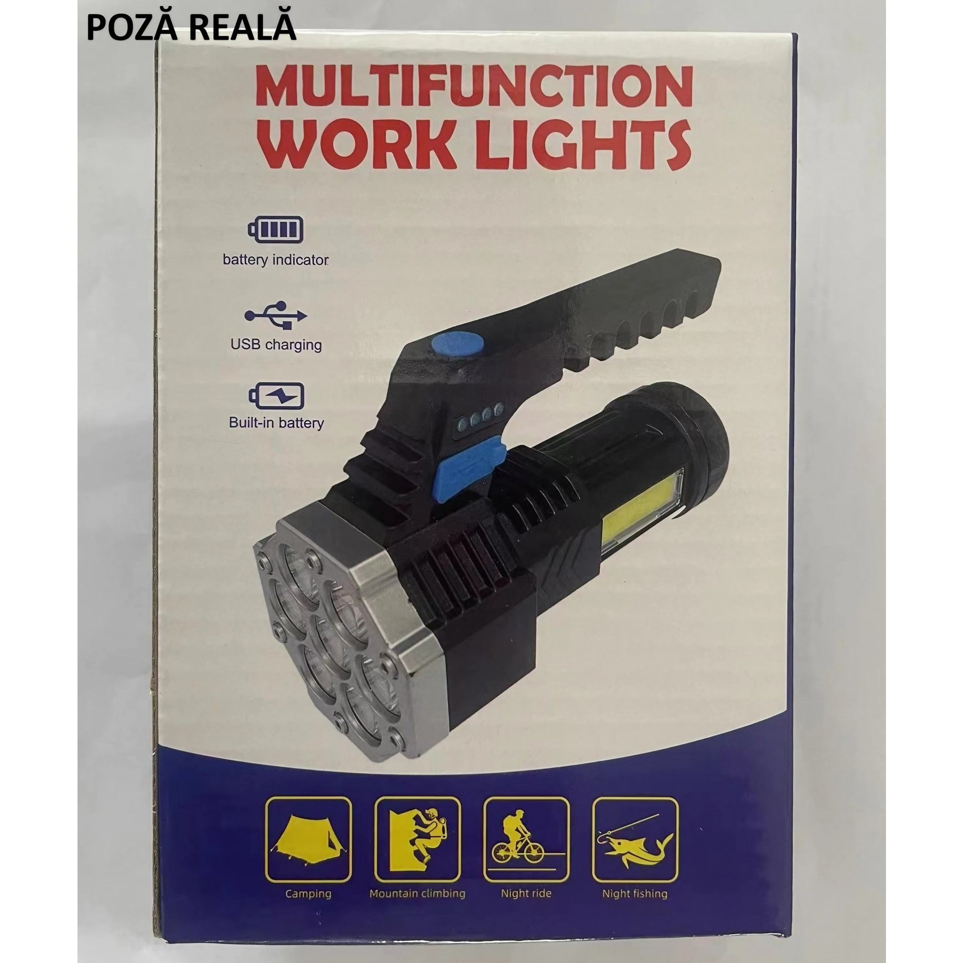 Lanterna LED Lumina Puternica, Rezistenta la Apa, Tip Proiector COB, Flippy, Lanternă Reincarcabila, USB, cu Maner pentru Drumetii, Lanterna de Urgenta, Aer Liber, 14.1 x 6.4 cm, Culoare Negru cu Comutator Albastru-6
