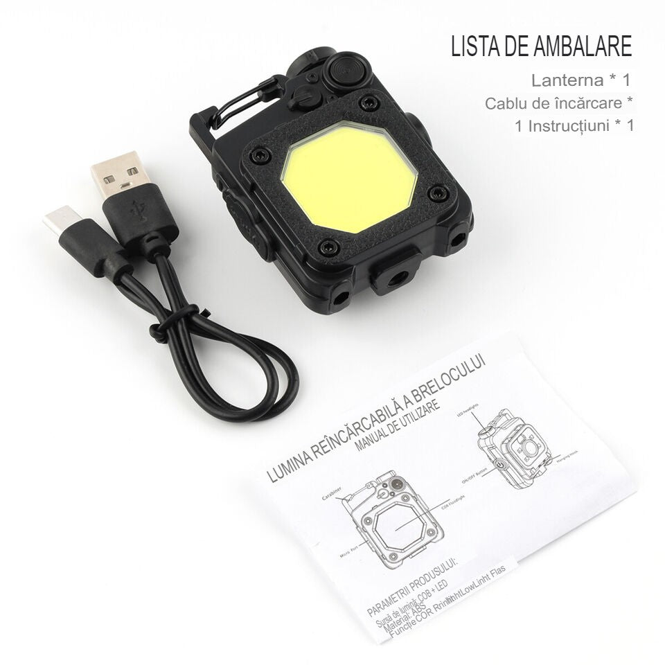 Lanterna Mini de Buzunar Tip Breloc, Flippy, Incarcare prin USB Type C, Multifunctionala, pentru Exterior, Camping, Alpinism, Ciclism, Mini Lanterna Elvis, 6.1 x 5 x 2.5 cm, Lumina Puternica, Culoare Negru-2