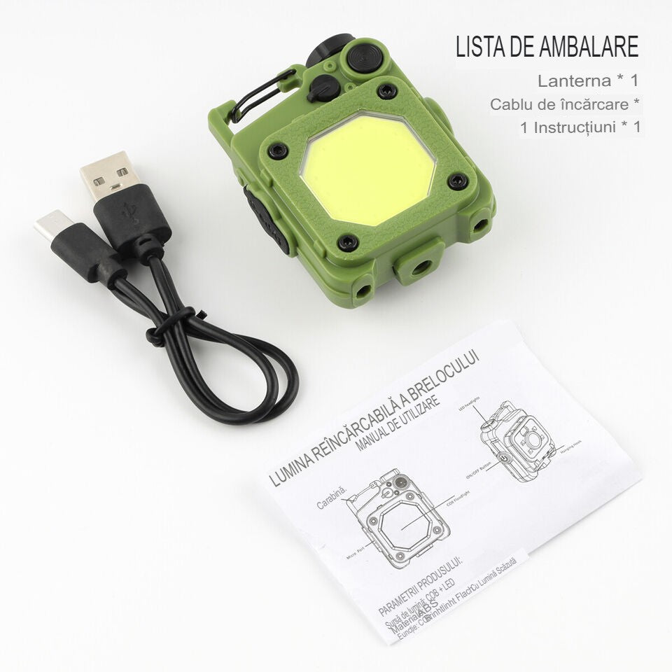 Lanterna Mini de Buzunar Tip Breloc, Flippy, Incarcare prin USB Type C, Multifunctionala, pentru Exterior, Camping, Alpinism, Ciclism, Mini Lanterna Elvis, 6.1 x 5 x 2.5 cm, Lumina Puternica, Culoare Verde-6