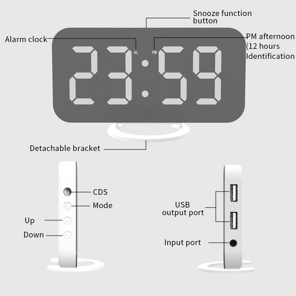 LED alarm clock dual USB output mobile phone charging snooze mirror clock digital creative clock induction dimming electronic clock+ LED alarm clock dual USB output mobile phone charging snooze mirror clock-12