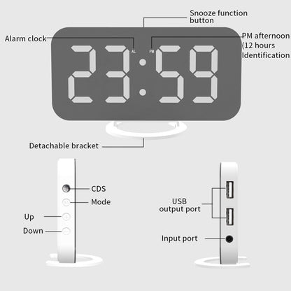 LED alarm clock dual USB output mobile phone charging snooze mirror clock digital creative clock induction dimming electronic clock+ LED alarm clock dual USB output mobile phone charging snooze mirror clock-12