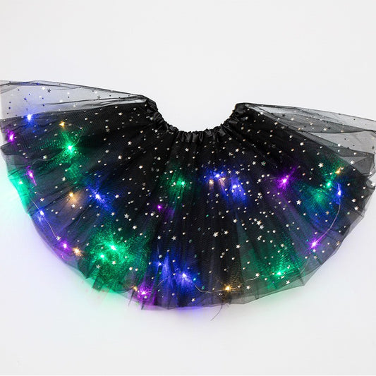 Fusta LED pentru Copii, Flippy, Tutu de Balet pentru Fetite cu Luminite Multicolore Incorporate, Model Stelute, 30 cm Lungime, Negru-1