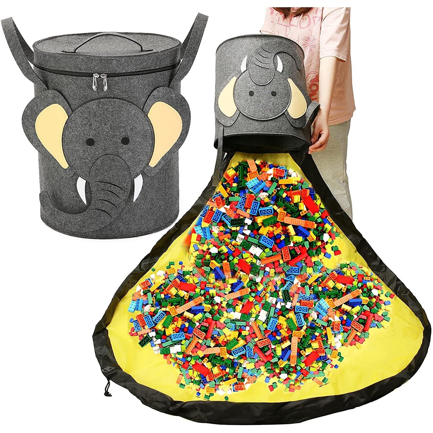 Cutie de Depozitare 2In1, Flippy, Impermeabila, Covor pentru Jucarii si Lego 150cm, Capacitate Mare, cu Manere, cu Sfori, Inaltime 40cm, Model Elefan, Gri-2