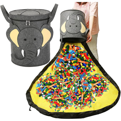 Cutie de Depozitare 2In1, Flippy, Impermeabila, Covor pentru Jucarii si Lego 150cm, Capacitate Mare, cu Manere, cu Sfori, Inaltime 40cm, Model Elefan, Gri-2