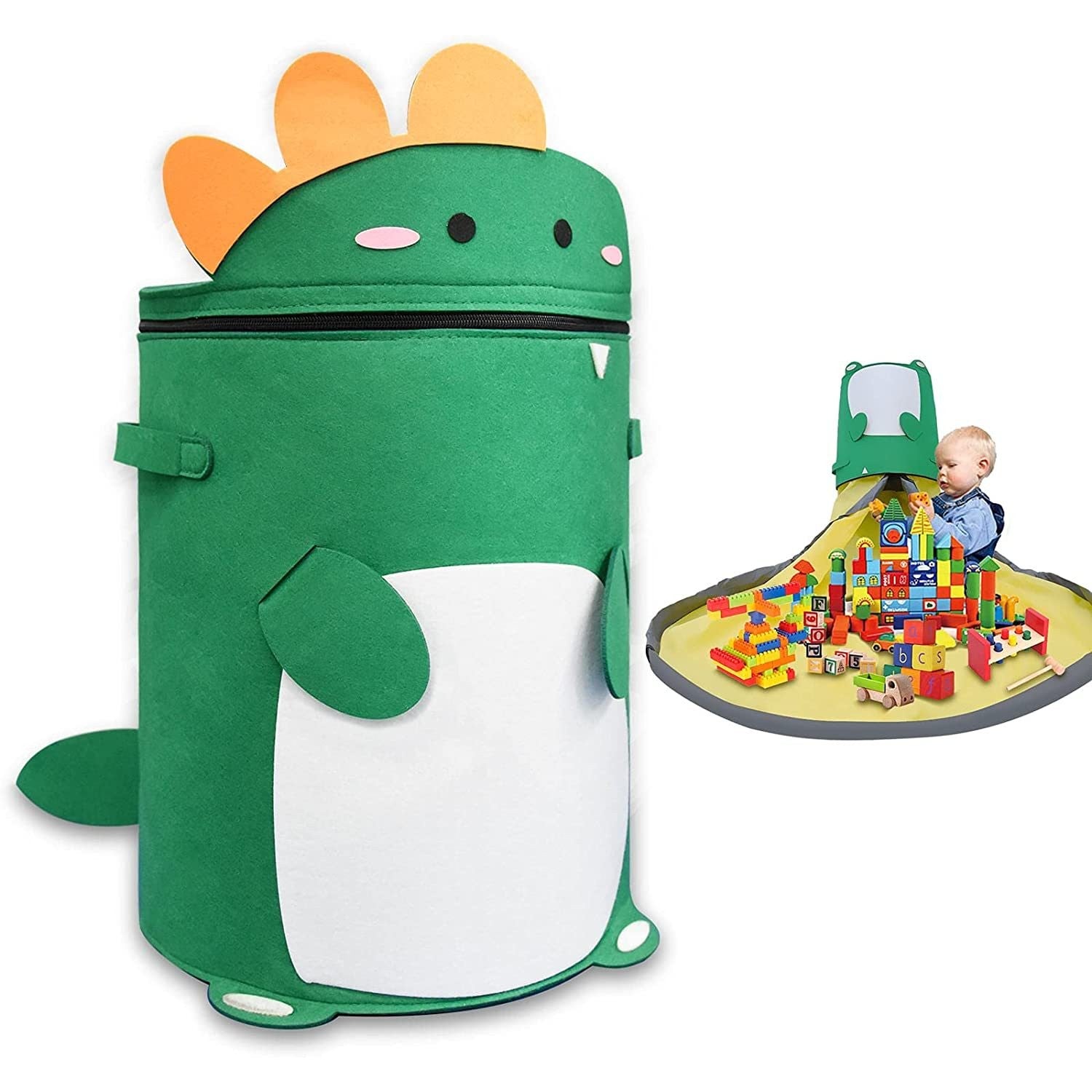 Cutie de Depozitare 2In1, Flippy, Impermeabila, Covor pentru Jucarii si Lego 150cm, Capacitate Mare, cu Manere, cu Sfori, Inaltime 40cm, Model Dinozaur, Verde-4