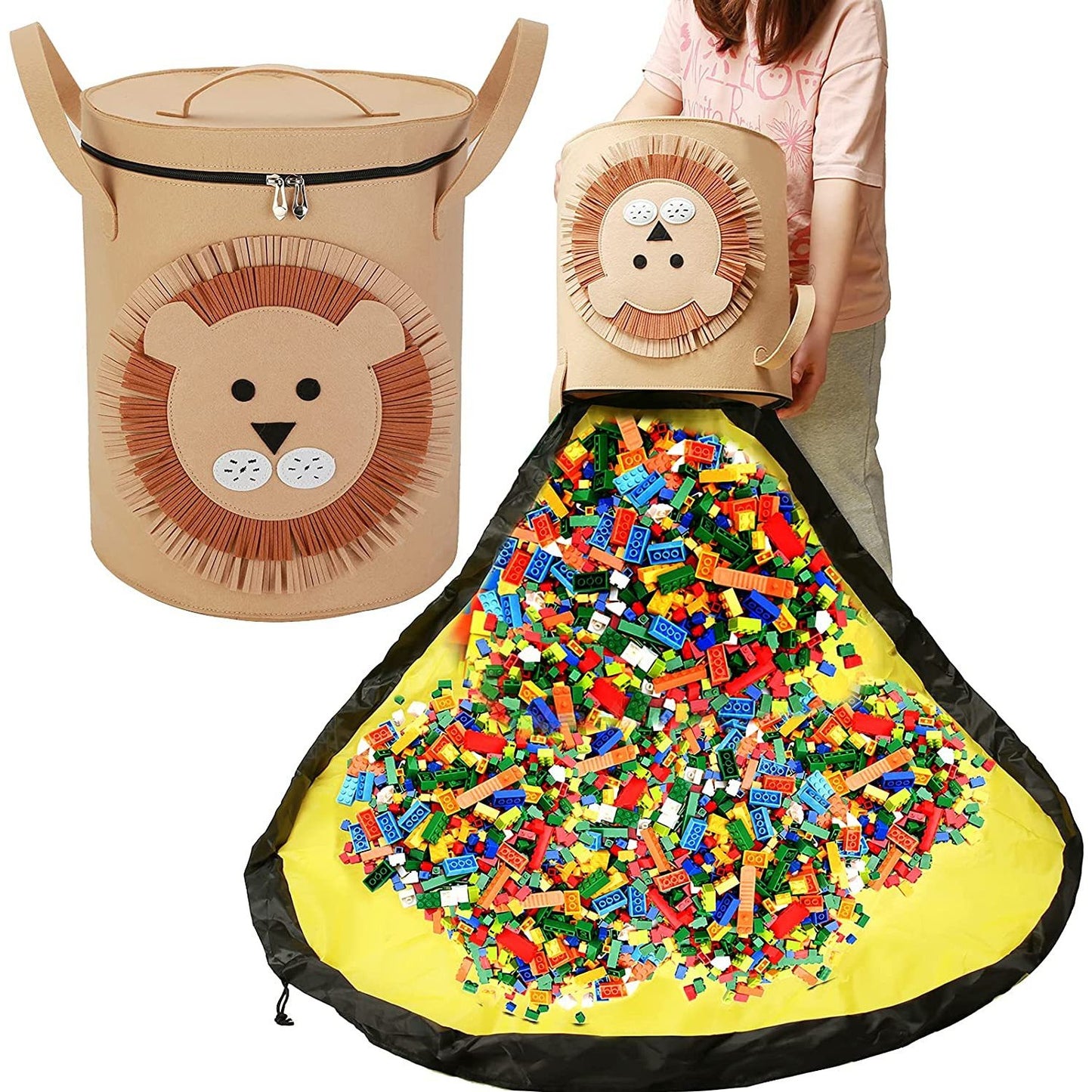 Cutie de Depozitare 2In1, Flippy, Impermeabila, Covor pentru Jucarii si Lego 150cm, Capacitate Mare, cu Manere, cu Sfori, Inaltime 40cm, Model Leu, Maro-2