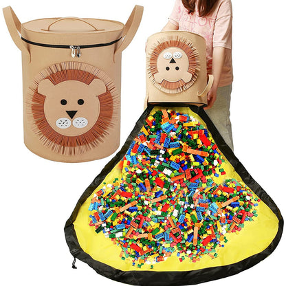 Cutie de Depozitare 2In1, Flippy, Impermeabila, Covor pentru Jucarii si Lego 150cm, Capacitate Mare, cu Manere, cu Sfori, Inaltime 40cm, Model Leu, Maro-2