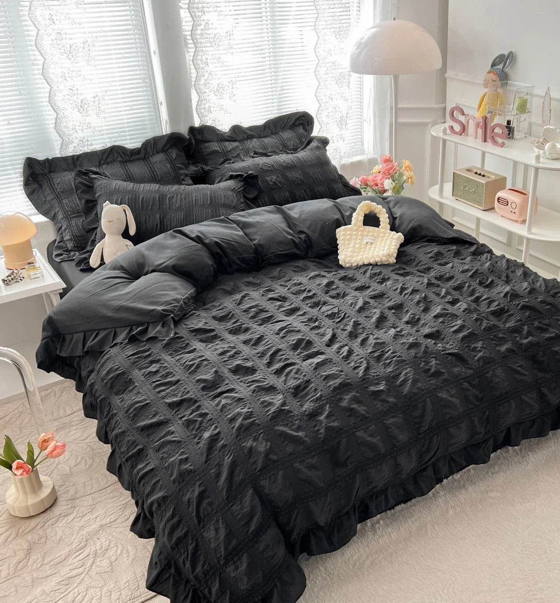 Lenjerie de pat CREPONATA pentru 2 persoane, 6 piese - Neagra