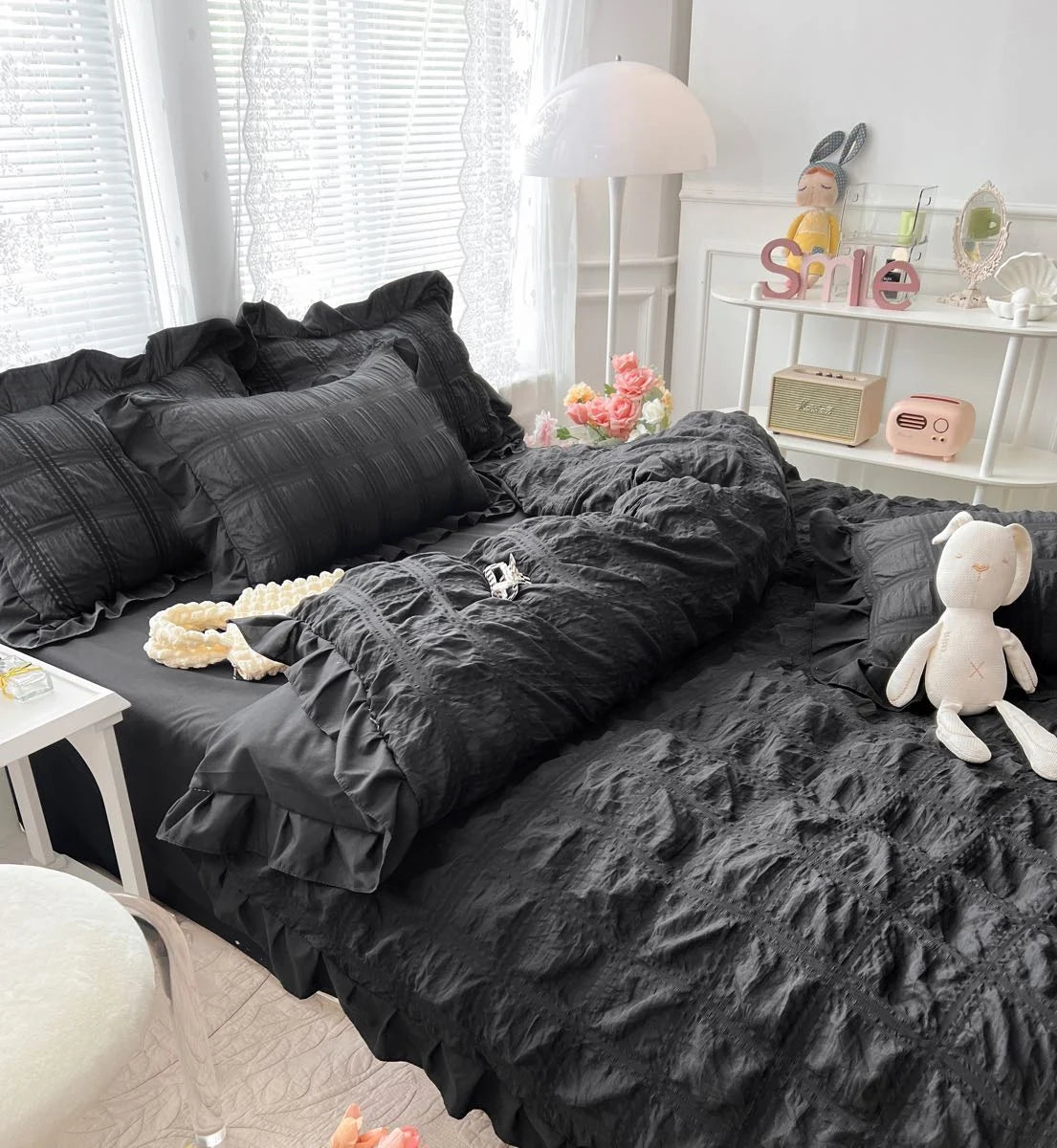 Lenjerie de pat CREPONATA pentru 2 persoane, 6 piese - Neagra