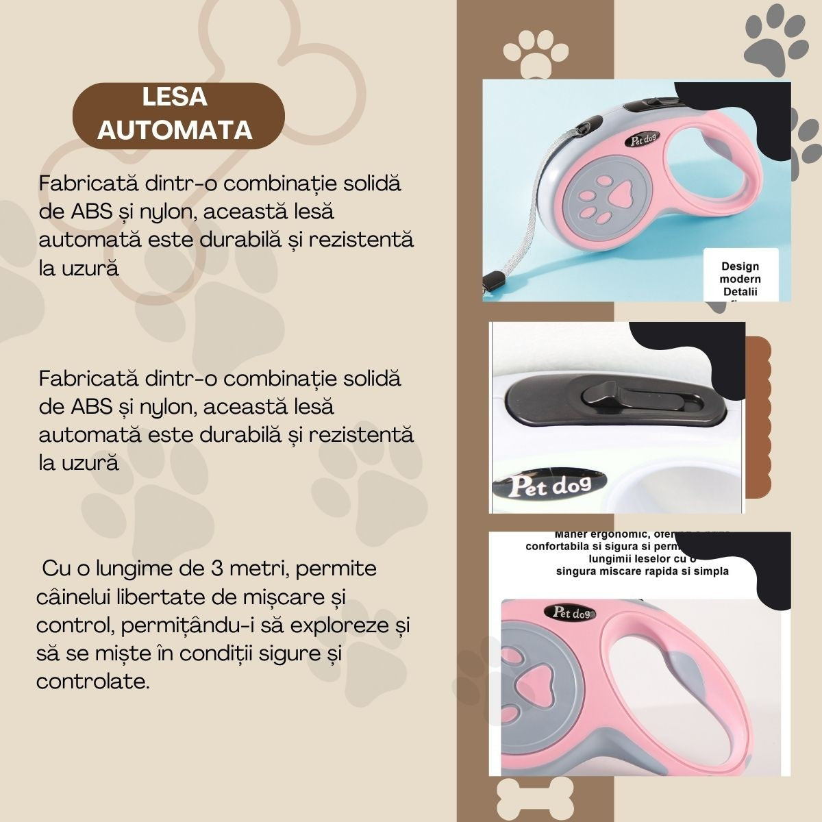 Lesa Automata Retractabila, Flippy, pentru Caini, 3m, 20 kg, ABS/Nylon, Roz/Gri, 8x12x4 cm-3