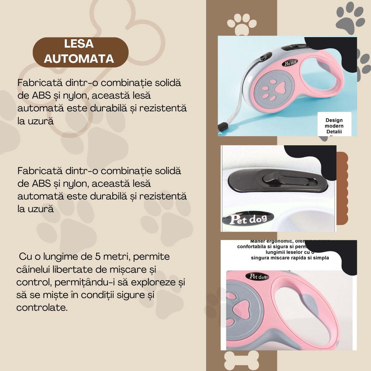 Lesa Automata Retractabila, Flippy, pentru Caini, 5m, 20 kg, ABS, Roz/Gri, 8x12x4 cm-1