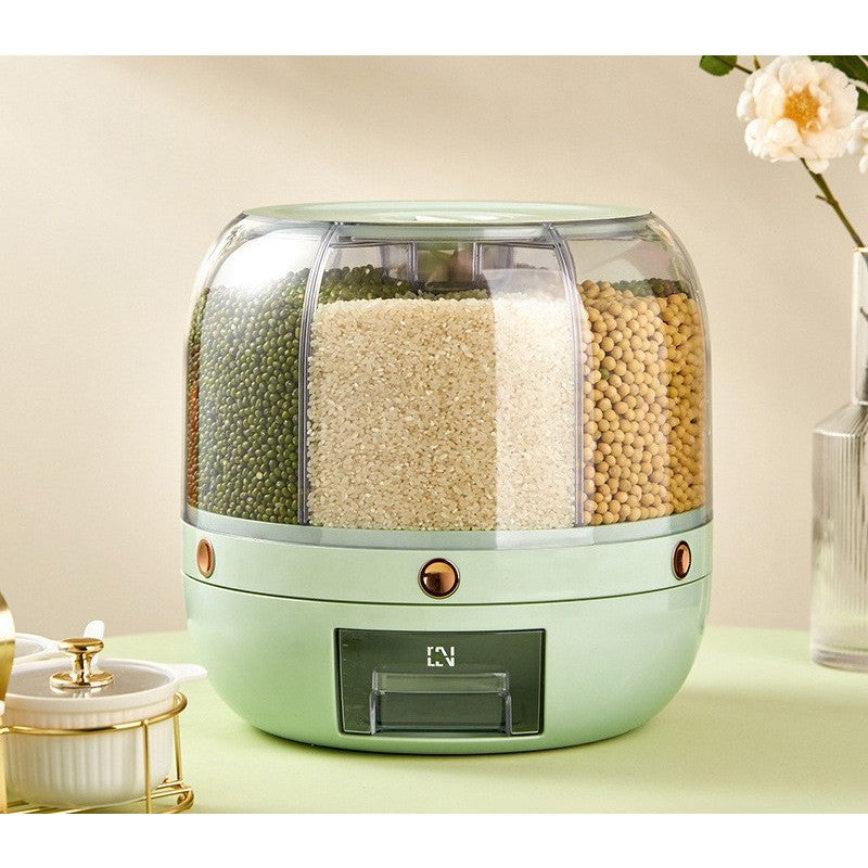 Dozator de cereale Flippy, rotativ 360, 6 compartimente, capacitate 6 L, rezistent la umezeala, inchidere etansa, verde deschis-1