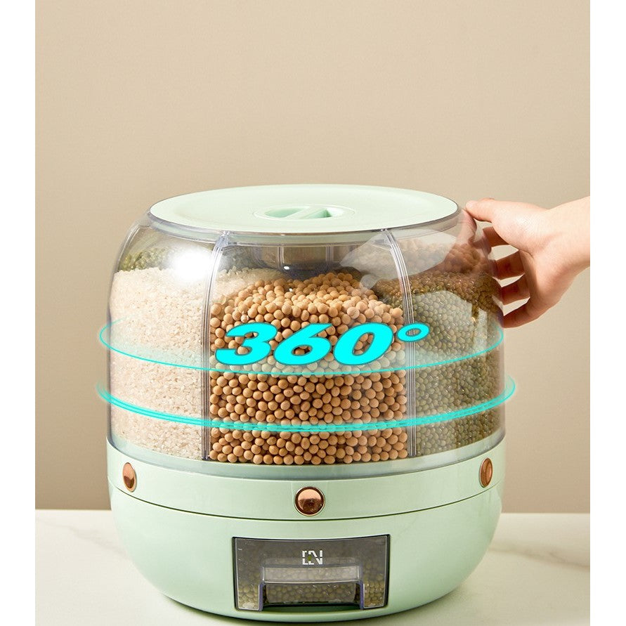 Dozator de cereale Flippy, rotativ 360, 6 compartimente, capacitate 6 L, rezistent la umezeala, inchidere etansa, verde deschis-3