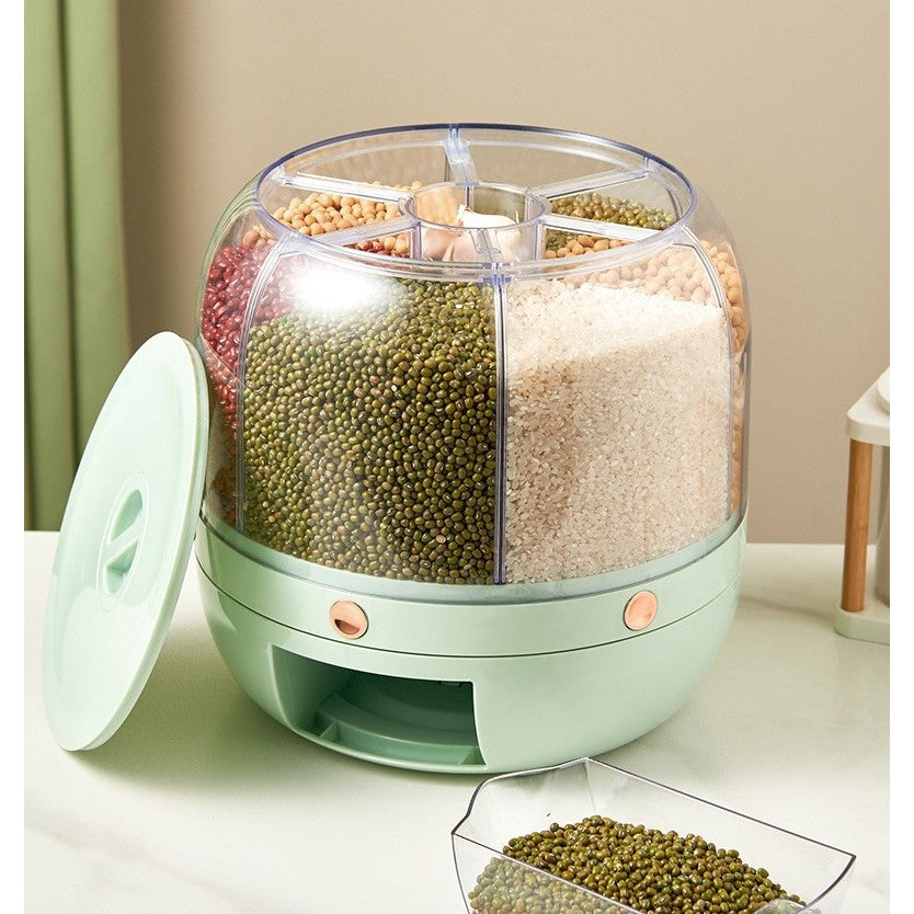 Dozator de cereale Flippy, rotativ 360, 6 compartimente, capacitate 6 L, rezistent la umezeala, inchidere etansa, verde deschis-4