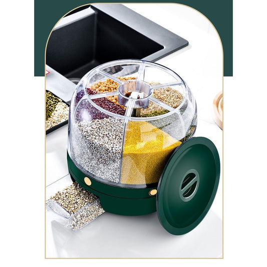 Dozator de cereale Flippy, rotativ 360, 6 compartimente, capacitate 3 L, rezistent la umezeala, inchidere etansa, verde inchis-1