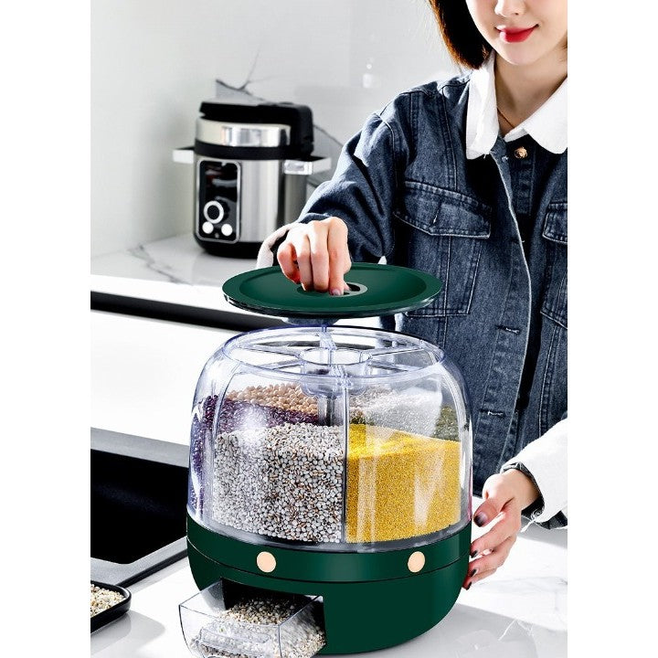 Dozator de cereale Flippy, rotativ 360, 6 compartimente, capacitate 3 L, rezistent la umezeala, inchidere etansa, verde inchis-5