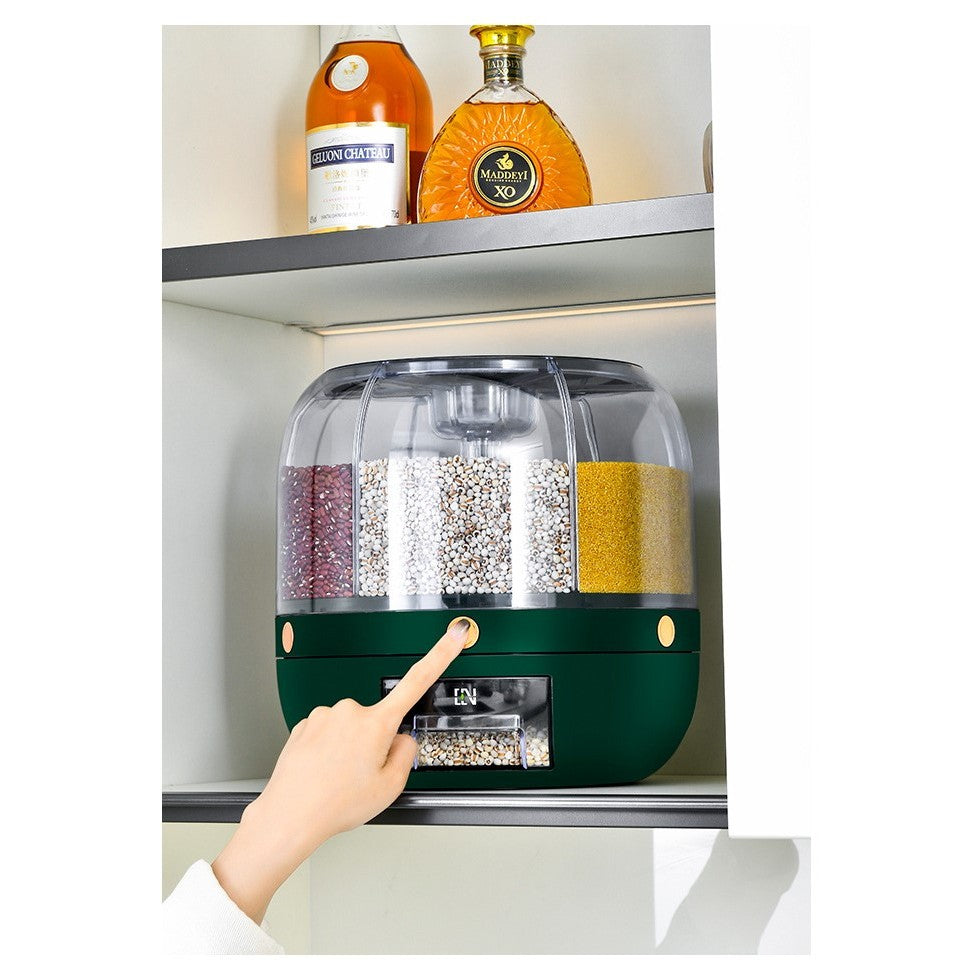 Dozator de cereale Flippy, rotativ 360, 6 compartimente, capacitate 3 L, rezistent la umezeala, inchidere etansa, verde inchis-7