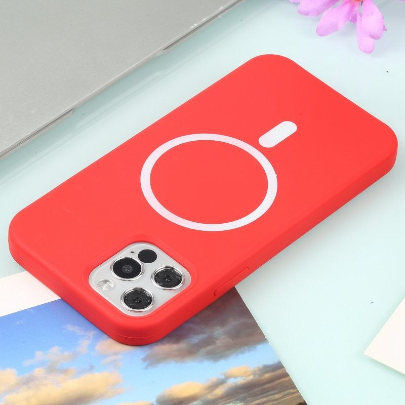 Husa MagSafe liquid large hole magnetic shell pentru Apple iPhone 14, Full Cover, Liquid Silicone, Magnetica, Incarcare Wireless, Flippy, Rosu-2