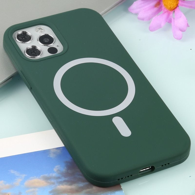 Husa MagSafe liquid large hole magnetic shell pentru Apple iPhone 14 Pro, Full Cover, Liquid Silicone, Magnetica, Incarcare Wireless, Flippy, Verde-1