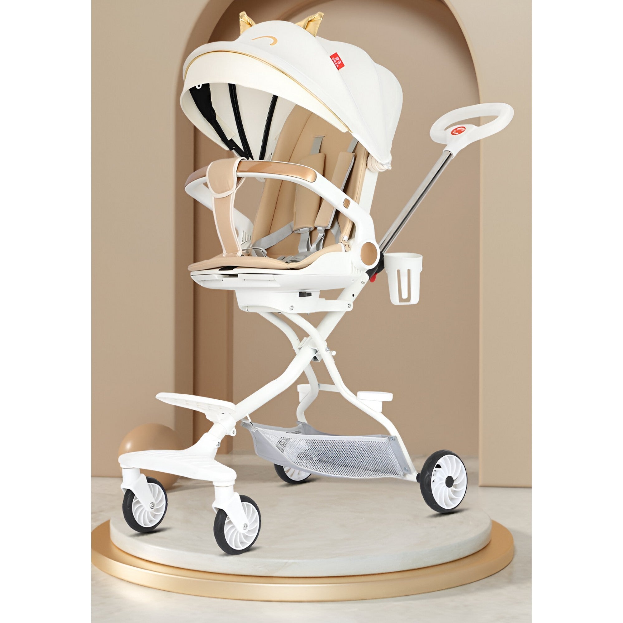 Carucior Sport Flippy 3in1, 6-36 Luni, Reversibil, Pliabil, Tavita pentru Masa, Pozitie de Somn, Centura de Siguranta, Roti 360, Suport Pahar, Copertina pentru Soare, 33x66x85cm, Alb Model Pisica-12
