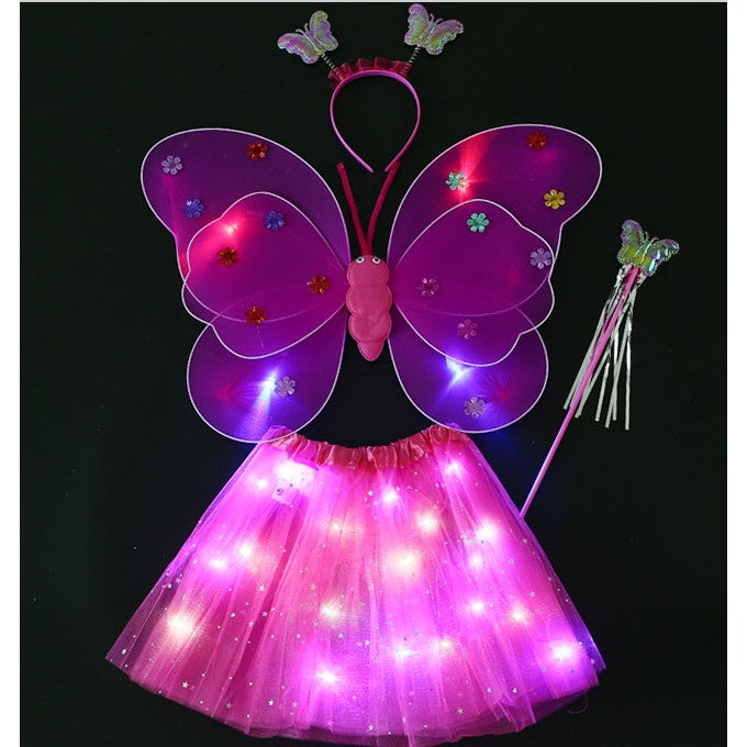 Costum Fluturas cu Aripi Modelabile Luminoase pentru Copii, Flippy, Fusta din Tul cu Lumini, Bagheta si Bentita, 4 piese, Pentru Halloween, Cosplay, Craciun, Carnaval, Paste, Ziua Copilului, Bumbac/Poliester, Marime universala, Roz-Rosu-0