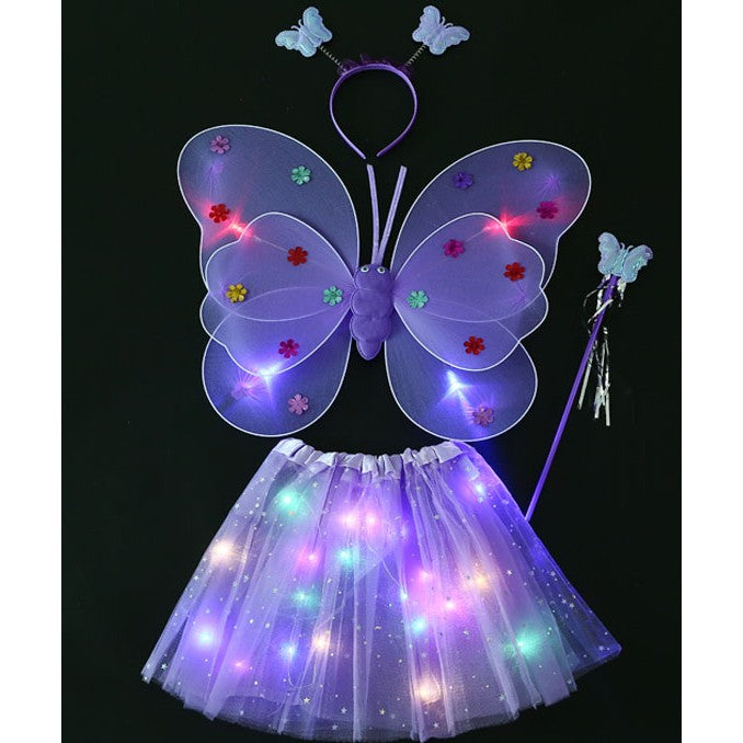 Costum Fluturas cu Aripi Modelabile Luminoase pentru Copii, Flippy, Fusta din Tul cu Lumini, Bagheta si Bentita, 4 piese, Pentru Halloween, Cosplay, Craciun, Carnaval, Paste, Ziua Copilului, Bumbac/Poliester, Marime universala, Mov-0