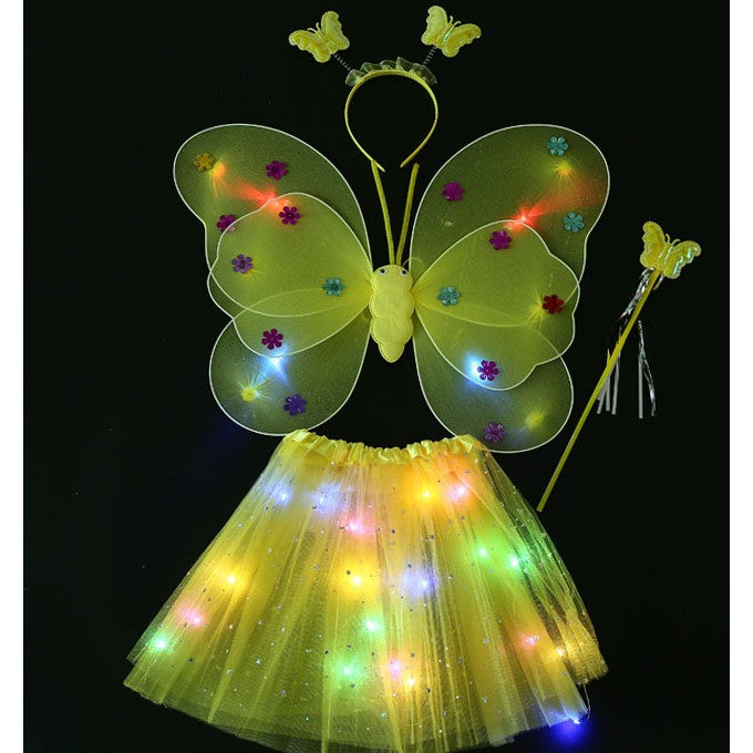 Costum Fluturas cu Aripi Modelabile Luminoase pentru Copii, Flippy, Fusta din Tul cu Lumini, Bagheta si Bentita, 4 piese, Pentru Halloween, Cosplay, Craciun, Carnaval, Paste, Ziua Copilului, Bumbac/Poliester, Marime universala, Galben-0