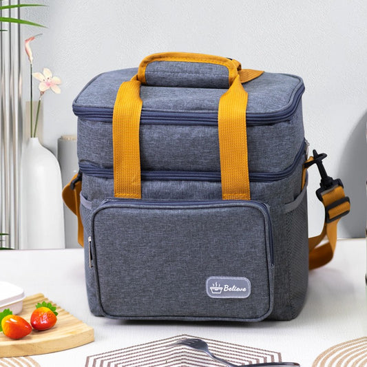 Geanta Termica Flippy pentru Pranz, Compartimente Telefon si Tacamuri, Multifunctionala, Impermeabila, 2 Tipuri de Manere, 25.5x18x30 cm, Gri-0