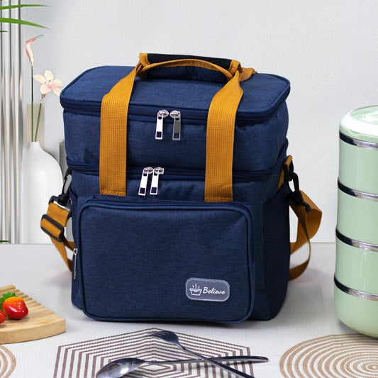 Geanta Termica Flippy pentru Pranz, Compartimente Telefon si Tacamuri, Multifunctionala, Impermeabila, 2 Tipuri de Manere, 25.5x18x30 cm, Albastru-0