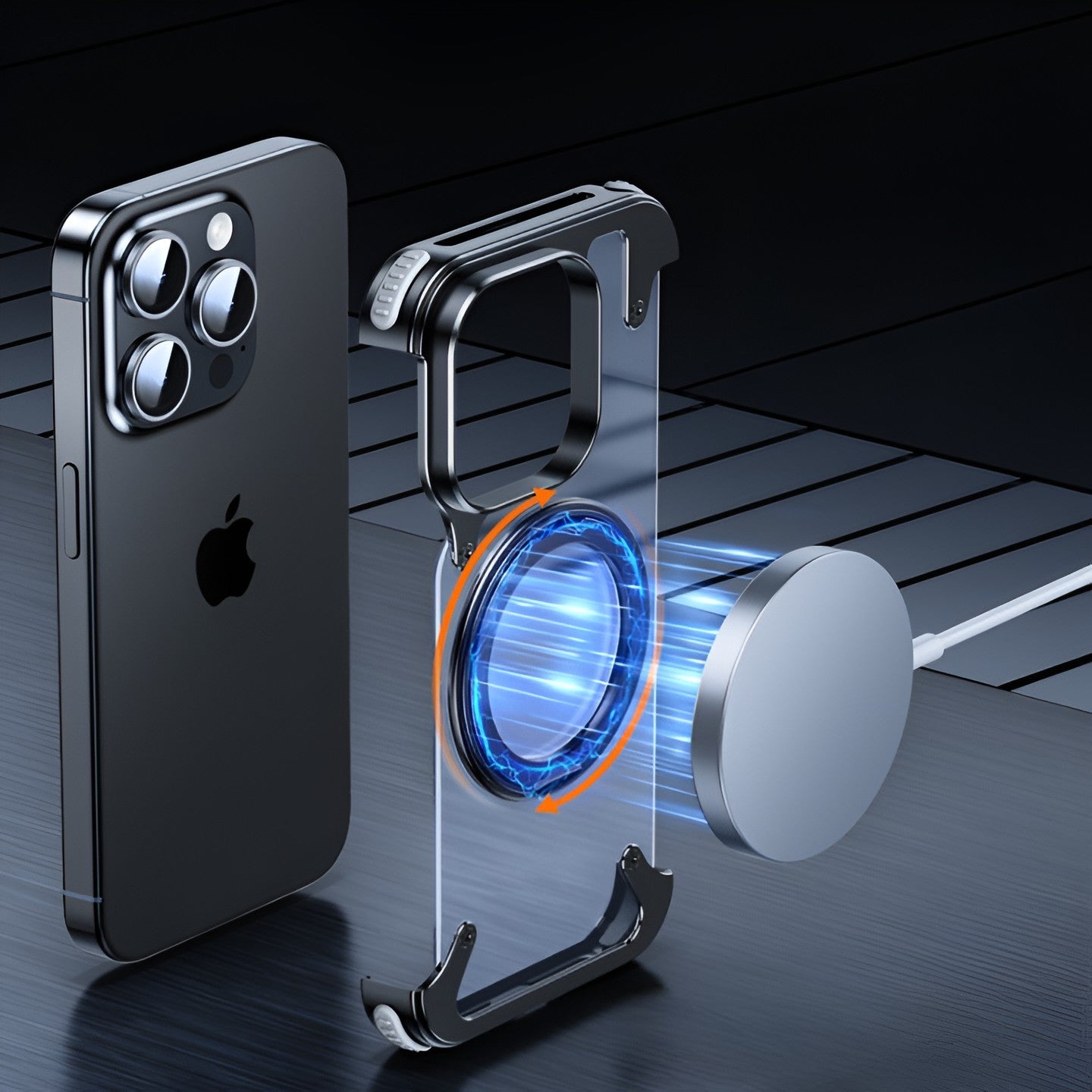 Husa de Protectie Compatibil cu iPhone 15 Pro, Flippy, Incarcare Wireless, Tehnologie Magsafe, Inel Magnetic Rotativ 360 cu Functie de Suport, Rama Metalica, Carcasa din PC, Negru Transparent-3
