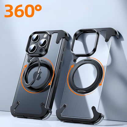 Husa de Protectie Compatibil cu iPhone 15 Pro, Flippy, Incarcare Wireless, Tehnologie Magsafe, Inel Magnetic Rotativ 360 cu Functie de Suport, Rama Metalica, Carcasa din PC, Negru Transparent-4
