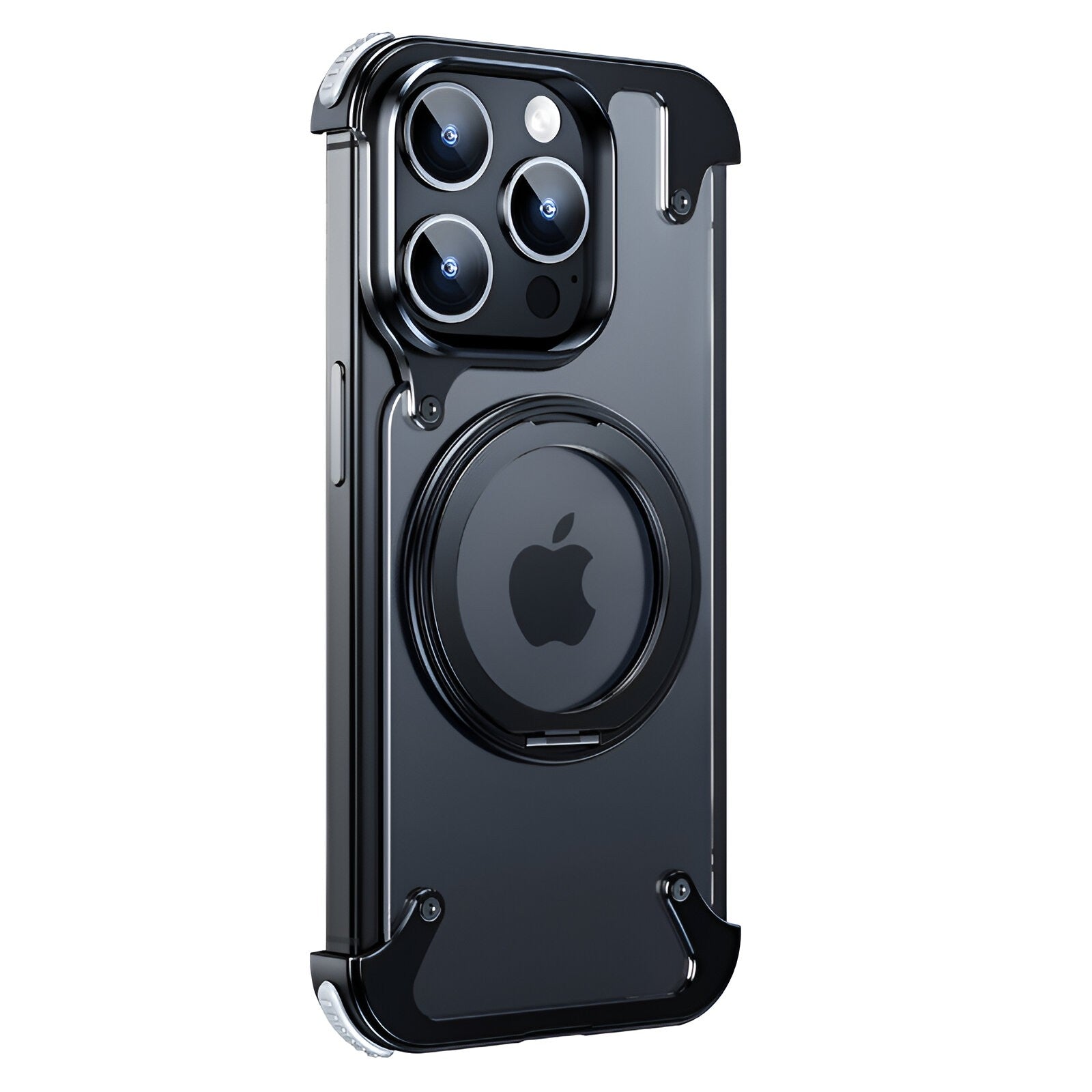 Husa de Protectie Compatibil cu iPhone 15 Pro Max, Flippy, Incarcare Wireless, Tehnologie Magsafe, Inel Magnetic Rotativ 360 cu Functie de Suport, Rama Metalica, Carcasa din PC, Negru Transparent-0